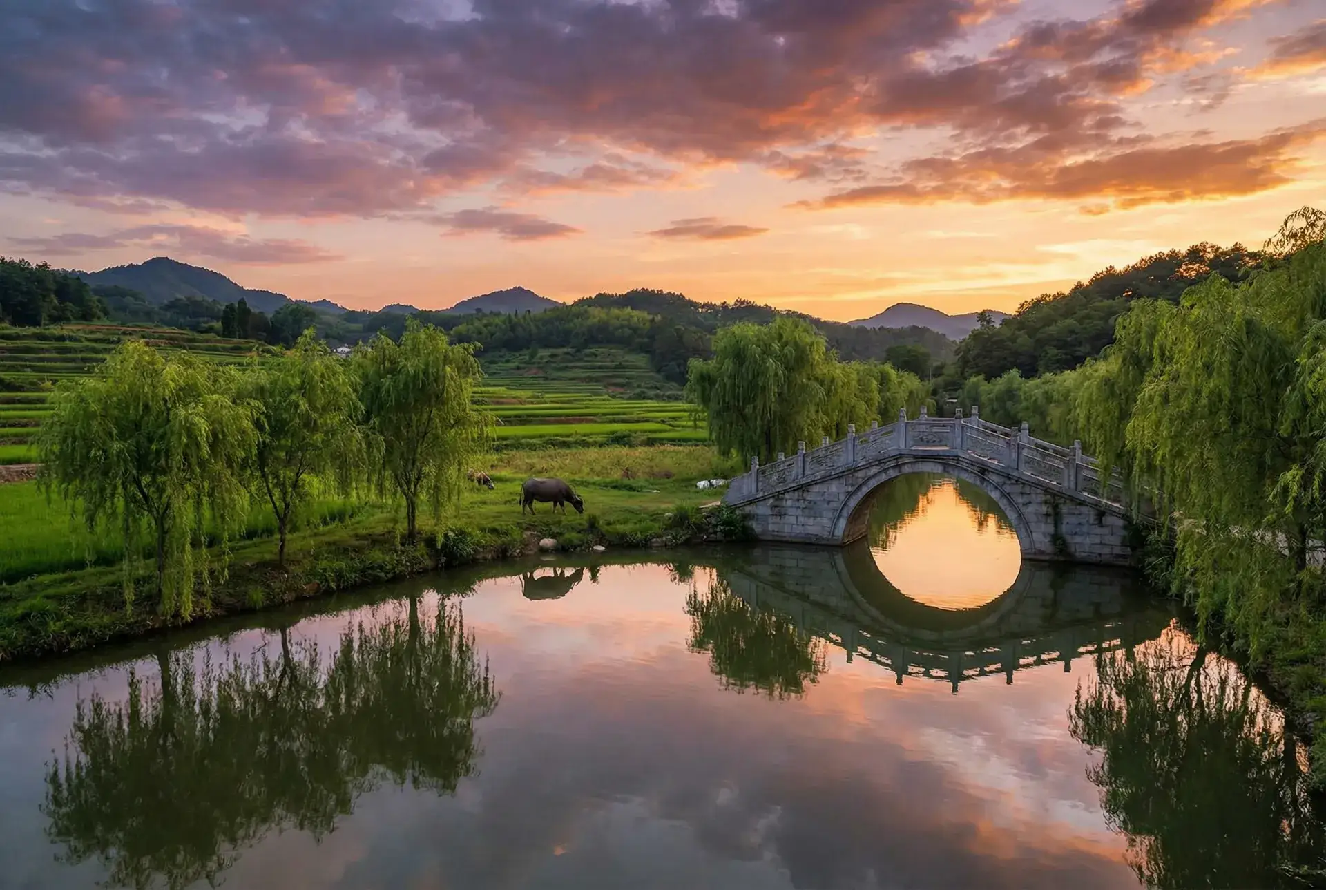 夕阳下的石拱桥与垂柳，水牛在河边吃草 - 黑镜 第二季 乡村美景